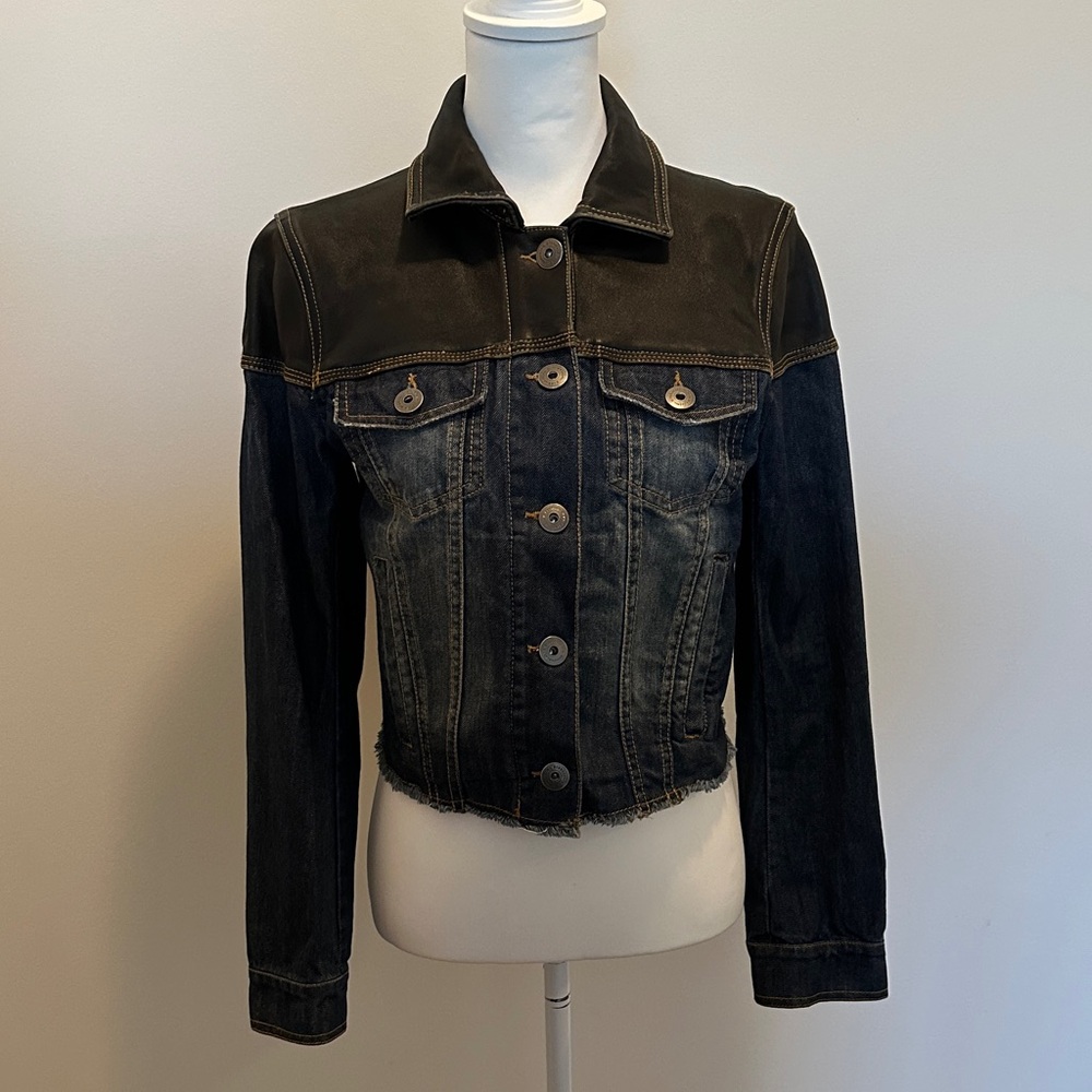 BCBGMaxAzria Black Leather and Dark Blue Jean Jacket